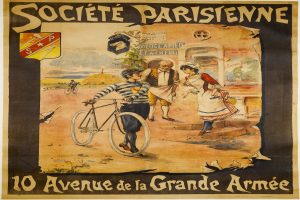 Plakat für einen Radrennen in Paris mit einer Gruppe von Menschen, einer Person hält ein Fahrrad, mit einem Gebäude im Hintergrund und Text, der das Ereignis beschreibt.