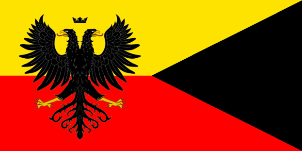 Deutsches Flagge mit einem schwarzen Doppeladler in der Mitte, bestehend aus drei horizontalen Streifen Rot, Gelb und Weiß.